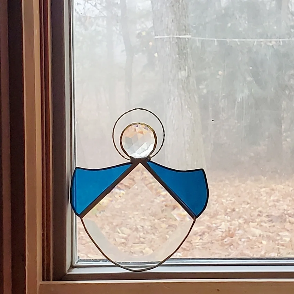 VINTAGE STAINED GLASS Guardian Angel Suncatcher with Beveled Edge Hand Soldered
